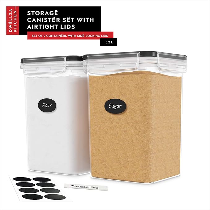 DWËLLZA KITCHEN Large Flour Sugar Storage Containers Set of 2; 175 FL. oz - 5.2L Plastic Airtight Food Storage Containers with Lids for Kitchen Pantry Organization - Food Containers, Labels & Marker-Ruum Studio Home