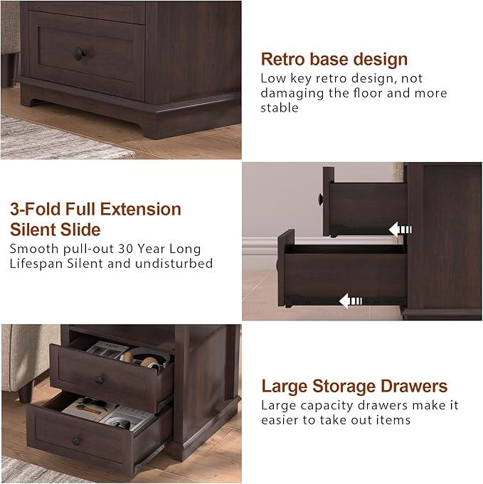 HIFYOBRO Large End Table Set of 2, 2 Drawers and Charging Station, Type-C & USB Port & Power outlets, Wooden End Table, Side Table with Storage for Living Room and Bedroom (Espresso)-Ruum Studio Home