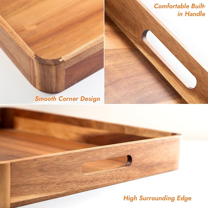 Wooden Serving Tray with Handles,Rustic Ottoman Tray for Kitchen Counter/Coffee Table/Living Room Decor,Versatile Tray for Party Picnic Barbecue-Ruum Studio Home