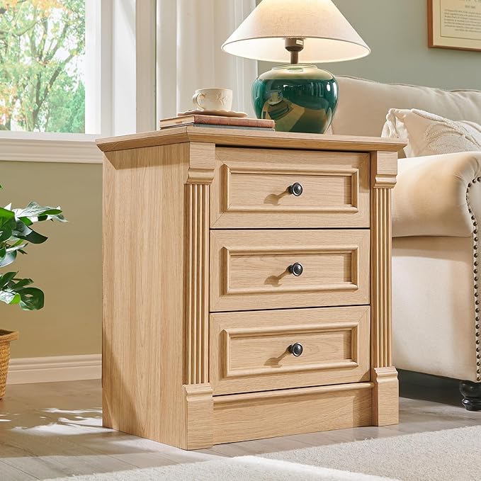 26" Tall Farmhouse Nightstand, 3 Drawers End Table w/Charging Station, 23.6" Wide Large Side Table w/Roman Column, Wood Rustic Sofa Table for Bedroom, Natrual-Ruum Studio Home