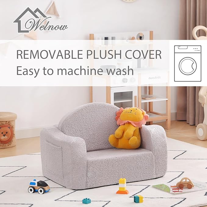 Welnow 2-in-1 Kids Sofa Chair, Convertible Toddler Chair Flip Out Children Sofa Chair with Wave Armrests Folding Kids Play Sofa with Side Pockets & Removable Cover Armchair for Girl or Boy-Ruum Studio Home