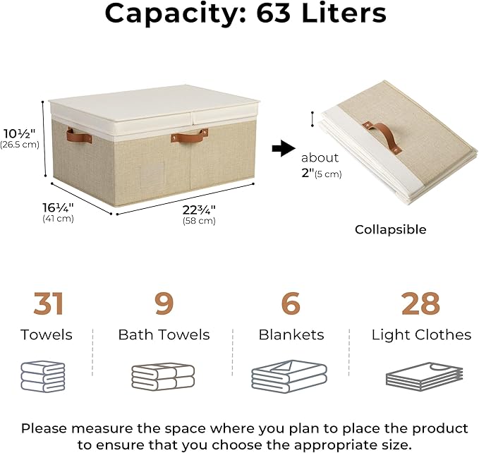 GRANNY SAYS Decorative Storage Boxes with Lid, Large Storage Bins with Double-Open Lid and Divider, Fabric Storage Bin for Clothes, 63L Closet Linen Storage Bin, White/Khaki-Ruum Studio Home