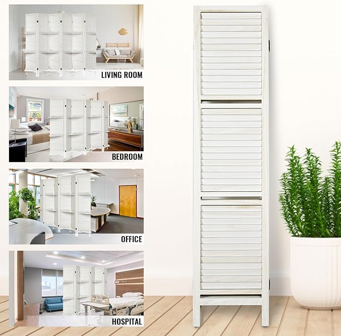 Room Divider with Shelves, Privacy Screen, Room Dividers and Folding Privacy Screens, 6 Panel Wood Temporary Wall Partition Separation Separator, White-Ruum Studio Home