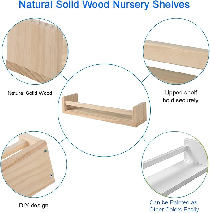 Nursery Floating Book Shelves for Kids Room, Kitchen Spice Rack, or Rustic Wall Mounted Shelves for Farmhouse Bathroom Decor (Natural Wood),Set of 2-Ruum Studio Home