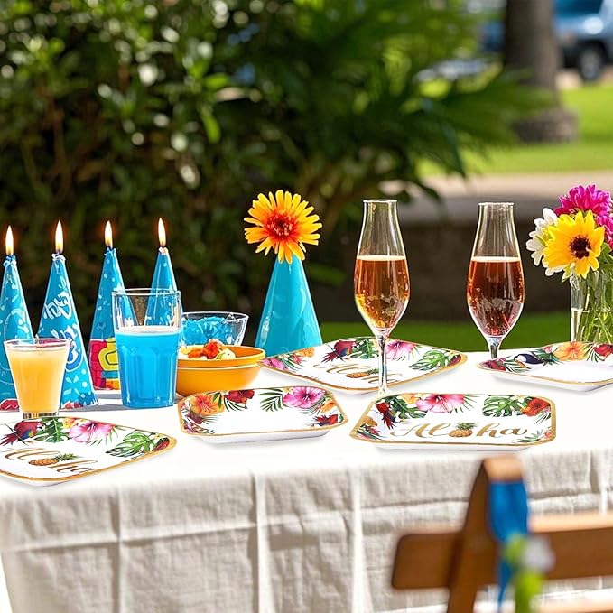 Grencian 200Pcs Hawaiian Luau Party Decorations Aloha Tropical Hibiscus Floral Luau Plates and Napkins Palm Leaf Tableware Sets for Summer Holiday Hawaiian Birthday Dinner Party Supplies Serves 50-Ruum Studio Home