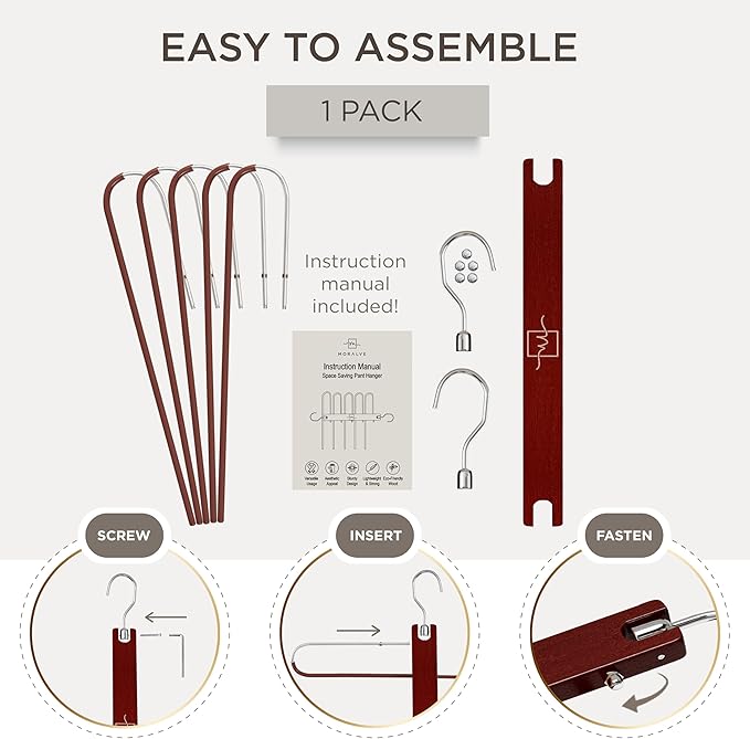 MORALVE Pants Hangers Space Saving - European Beechwood Scarf and Jean Hangers - Closet Organizer and Space Saver Pant Rack, Leggings Hanger, and Scarf Holder with 360° Swivel Hook (1 Pack)-Ruum Studio Home