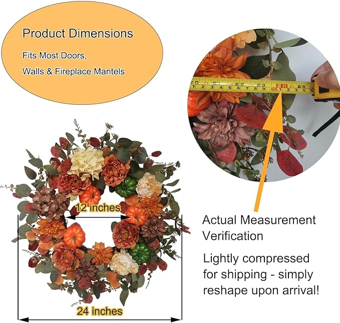 Fall Wreaths for Front Door 24 Inch with Realistic Pumpkin Hydrangea Peony Dahlia Flower, Thanksgiving Harvest Autumn Wreath for Indoor Outdoor Decor, Rustic Farmhouse Seasonal Decoration-Ruum Studio Home
