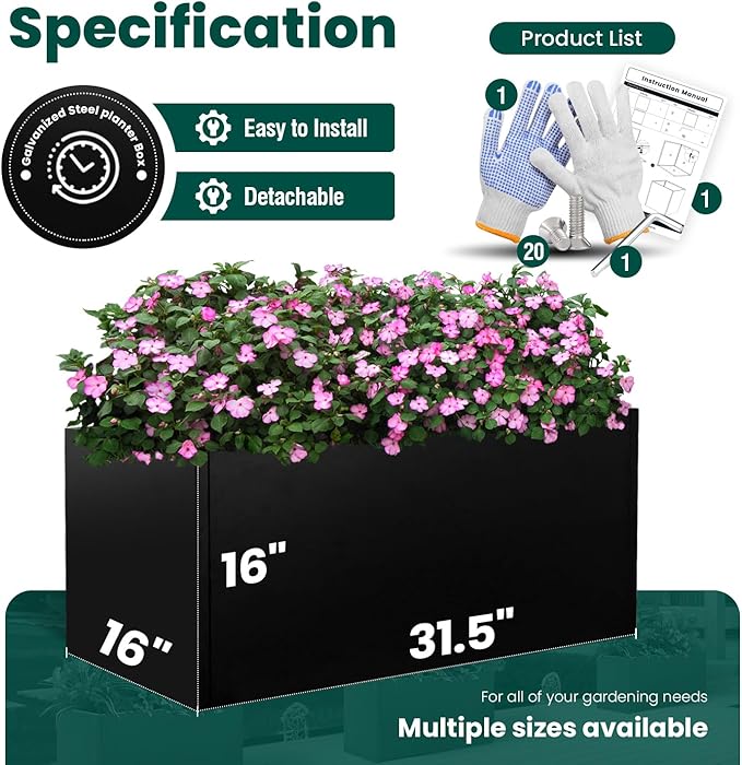 Galvanized Steel Metal Planter Rectangular Indoor Black Planter Box Large Outdoor Planters Steel 31.5" x 16" x 16" Commercial Residential for Patio, Deck, Garden-Ruum Studio Home