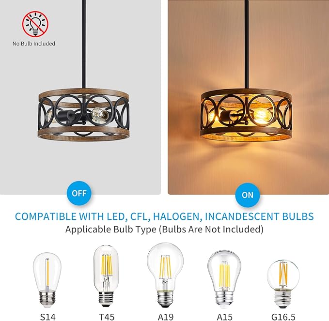 XINGQI Black Ceiling Light Adjustable Height Chandelier Modern Farmhouse Pendant Lighting Fixture Wood Grain Metal 13" Rustic Round Lights for Dining Room Kitchen Bedroom Entryway-Ruum Studio Home