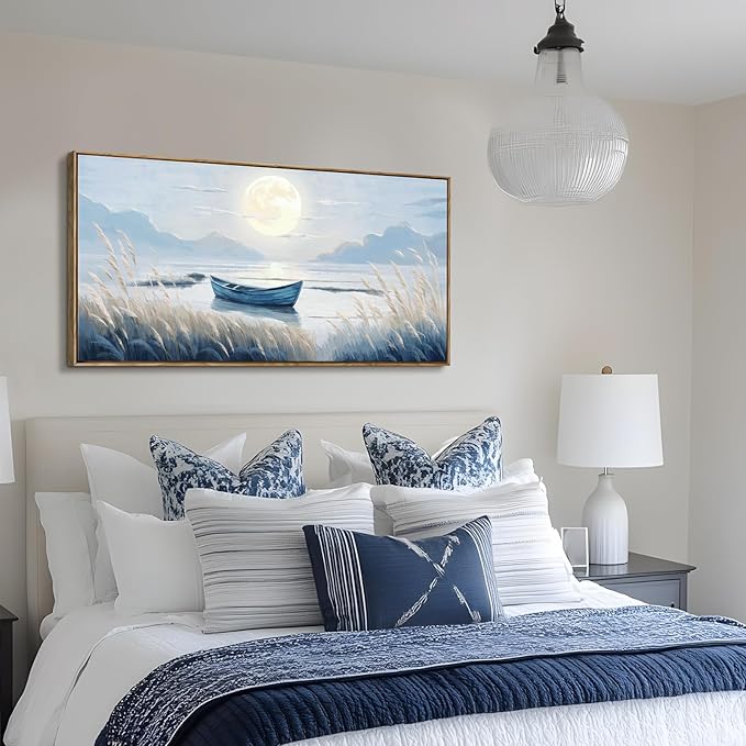 amatop Large Framed Wall Art Bedroom Living Room Decor Blue Boat Moonlight Coastal Seascape Picture Landscape Decorative Canvas Print Tranquil Night Ocean Lake Scene Artwork Nautical Wall Decor 48x24-Ruum Studio Home