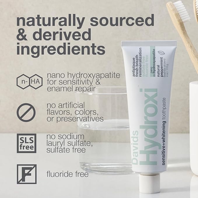 Davids Hydroxi Fluoride Free Nano Hydroxyapatite Toothpaste for Remineralizing Enamel & Sensitive Relief, Whitening, Antiplaque, SLS Free, Natural Peppermint, 5.25oz, Made in USA-Ruum Studio Home