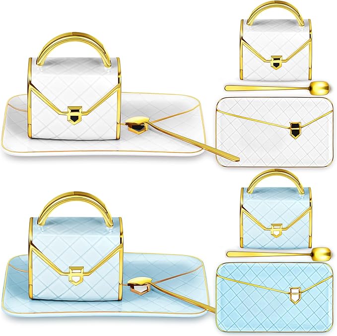 Zubebe 2 Sets Coffee Mug Elegant Handbag Shaped Cup Modern Ceramic Purse Mug with Spoon and Saucer, 10oz Cute Creative Tea Cup for Office Home Woman Girls Gift (White,Blue)-Ruum Studio Home