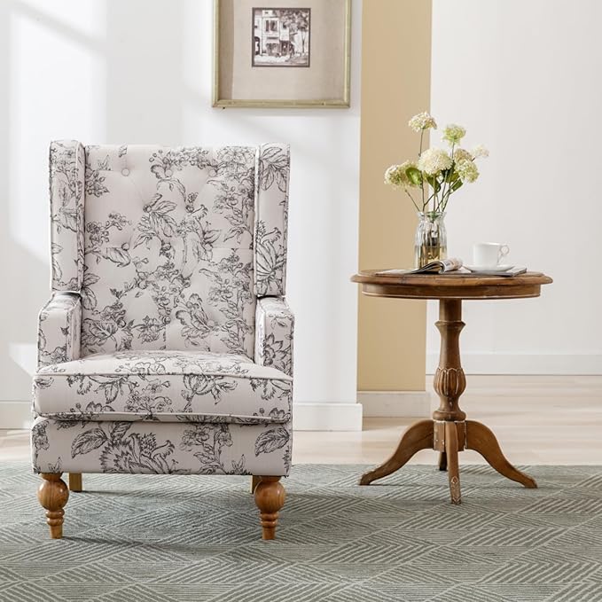 Mid-Century Accent Chair, Upholstered Arm Chair Linen Fabric Side Chair with High Back Solid Wooden Legs, Comfy Reading Chair for Living Room Bedroom, Floral Pattern-Ruum Studio Home