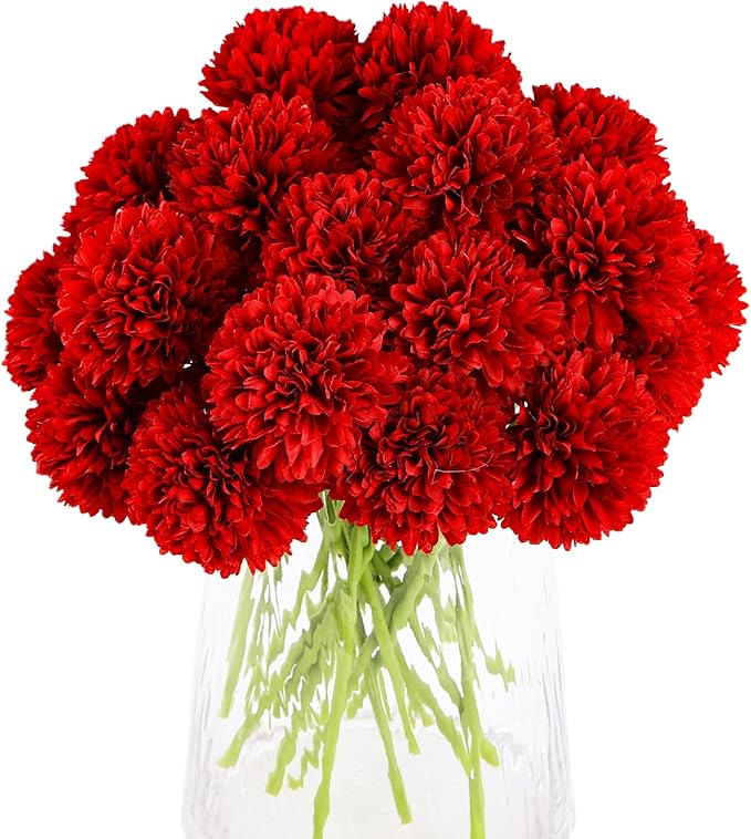 Kimura's Cabin 20pcs Fake Mums Flowers Artificial Silk Chrysanthemum Hydrangeas Ball for Wedding Arrangements Home Kitchen Party Table Centerpieces DIY Bouquets (Red)-Ruum Studio Home