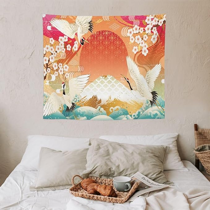 HZOHNAGO Japanese Tapestry Cherry Blossom Crane Sea Wave Fuji Mountain Red Sun Pattern Printed Wall Tapestry Painting Wall Hanging for Bedroom Living Room Dorm 60" W x 50" H-Ruum Studio Home