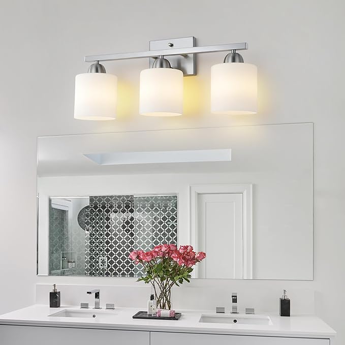 Stainless Steel Milk Glass Vanity Lights for Bathroom, 3 Light Brushed Nickel Bathroom Light Fixtures Over Mirror, Ceramic E26 Sockets Wall Mounted-Ruum Studio Home
