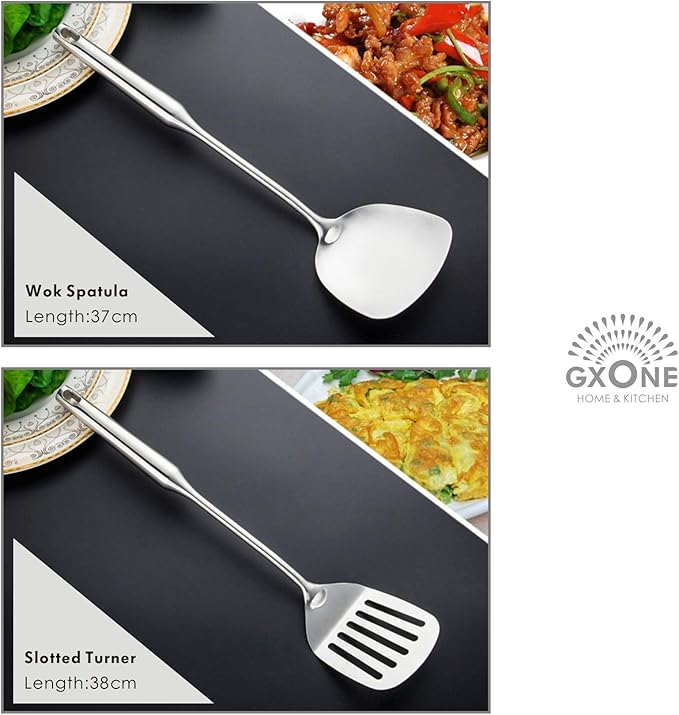 Kitchen Utensil Set – 6 Piece Stainless Steel Cooking Utensils with Rotating Holder Organizer Includes Slotted Spoon, Slotted Spatula, Large Spoon, Soup Ladle, Spatula, Pasta Server Silver/7PCS-Ruum Studio Home