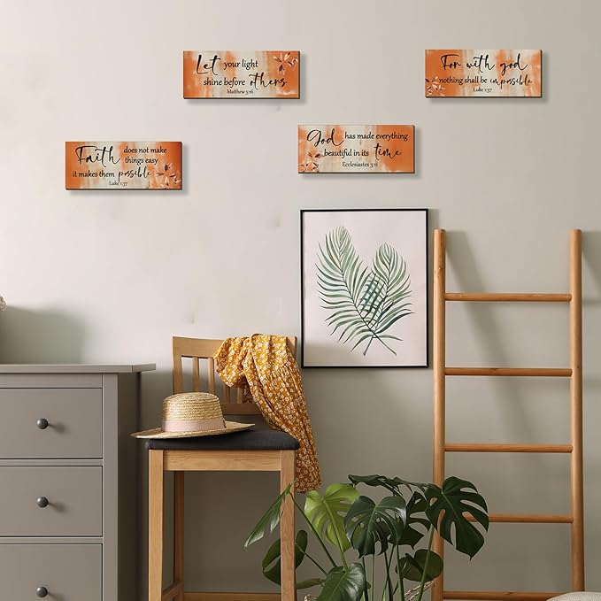 FENCORDAR 4 Pieces Orange Bathroom Decor Bible Verses Decor Wooden Orange Wall Decor Abstract Office Christian Wall Decor Religious Art for Women Office Home Bedroom Living Room Decor(10x4)-Ruum Studio Home