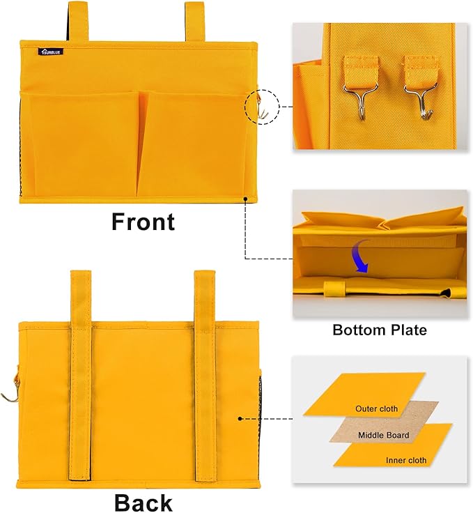 Surblue Bedside Caddy Hanging Bed Organizer Storage Bag Pocket for Bunk and Hospital Beds, College Dorm Rooms Baby Bed Rails, Camp 4 Pockets and 2 Hooks (Small, Yellow)-Ruum Studio Home
