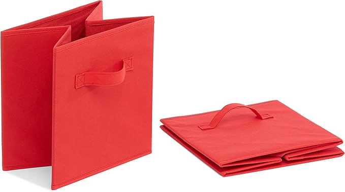 Amazon Basics Cube Organizer Storage Bins Handles, Collapsible Fabric, Pack of 6, 10.5"x10.5"x11", Red-Ruum Studio Home