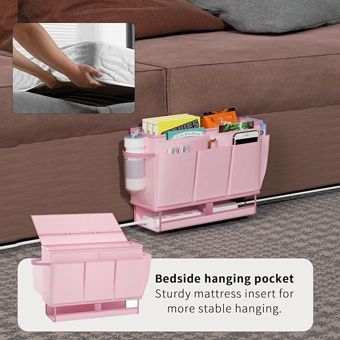 Bedside Caddy, Bed Organizer with 11 Pockets and Power Strip Holder, Versatile Bedside Storage Caddy for Home,Dorm,Bunk,Hospital,Crib Bed (2 Pack Pink)-Ruum Studio Home