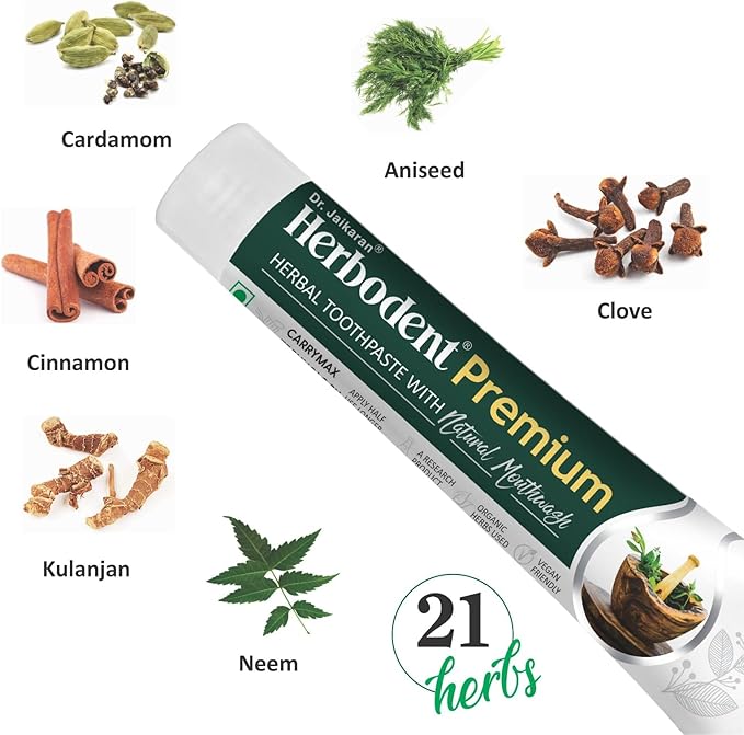 Herbodent® Premium Toothpaste - 5.82 Oz Pack of 2 | 21 Herbs for Strong Teeth & Healthy Gums- Neem, Clove, Cinnamon, Cardamom with Natural Mouthwash-No Paraben, No Fluoride, No Saccharin, No Triclosan-Ruum Studio Home