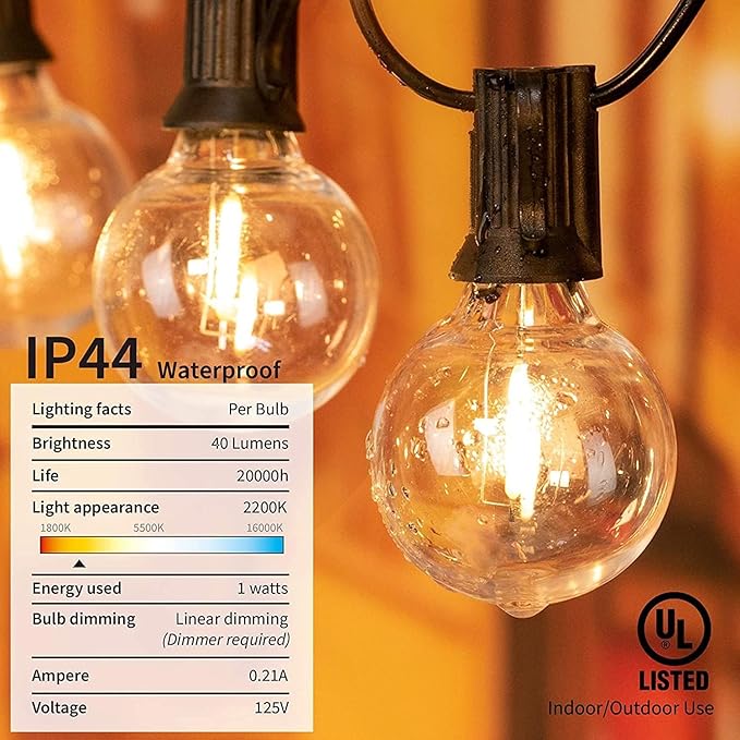 Brightown Led String Lights Outdoor 55Ft G40 Patio Lights with 52 Led Shatterproof Bulbs(2 Spare), Waterproof Led Globe Hanging Lights for Backyard Porch Bistro Balcony Decor, E12 Socket, 2200K-Ruum Studio Home