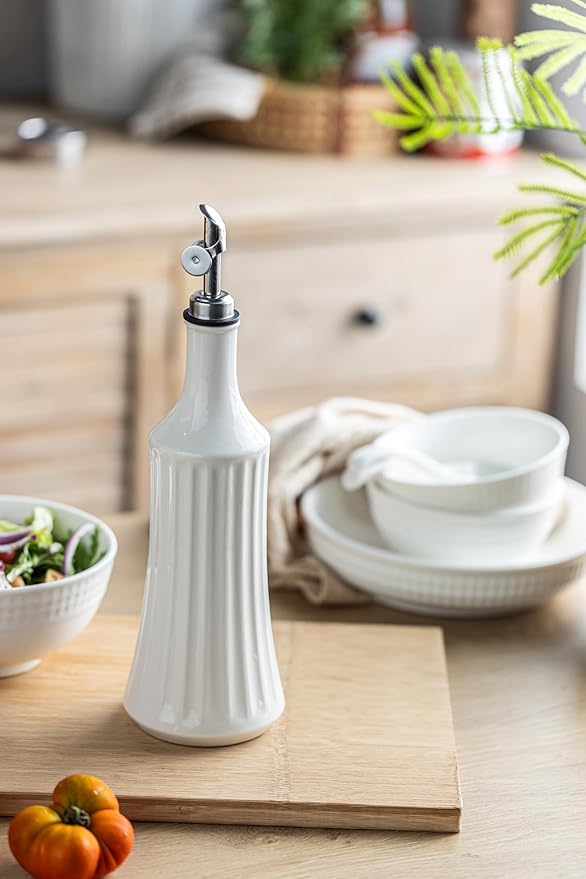 LYEOBOH Olive Oil Dispenser Bottle, Oil Dispenser for Kitchen, Ceramic Cooking Vinegar Dispensing Bottles with Spout, White-Ruum Studio Home