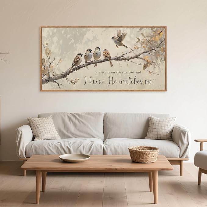 Aurlan His Eye is on the Sparrow Christian Wall Art Framed(40"x20"), Vintage Neutral Birds on Tree Branch Nature Canvas Artwork, Religious Faith Gift Bible Verse Scripture Print Decor for Home Office Bedroom-Ruum Studio Home