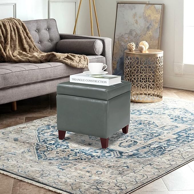 Adeco Bonded Leather Square Tufted Cubic Cube Footstool, 18" Height Storage Ottomans, with Lid, Cement Grey-Ruum Studio Home