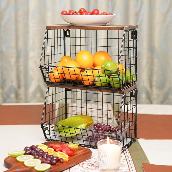 Fruit Bowl, Stackable Wall Mounted Fruit Basket of Smooth Wood Lid with 4 Banana Hanger Hooks, Metal Kitchen Counter Organizer for Snack, Fruit and Vegetable Storage, 11.8 * 7.9 * 8.5 Inches-Ruum Studio Home