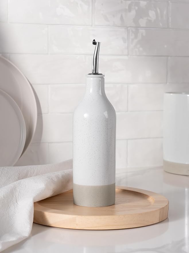 famiware Milkyway 16oz Ceramic Olive Oil Dispenser Bottle, 1 Piece Oil Dispenser for Kitchen with Stainless Steel Pourers, Suitable for Storage Vinegar, Soy Sauce, Coffee Syrup, Liquids, Light Gray-Ruum Studio Home