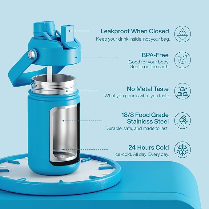 Kids Insualated Water Bottle with Straw - 12oz Stainless Steel Water Bottle with Dual Spouts, Leak-Proof, BPA-Free, Double Wall Vacuum Keeps Cold for 24 Hours for Sports, Travel, School (Azure Blue)-Ruum Studio Home