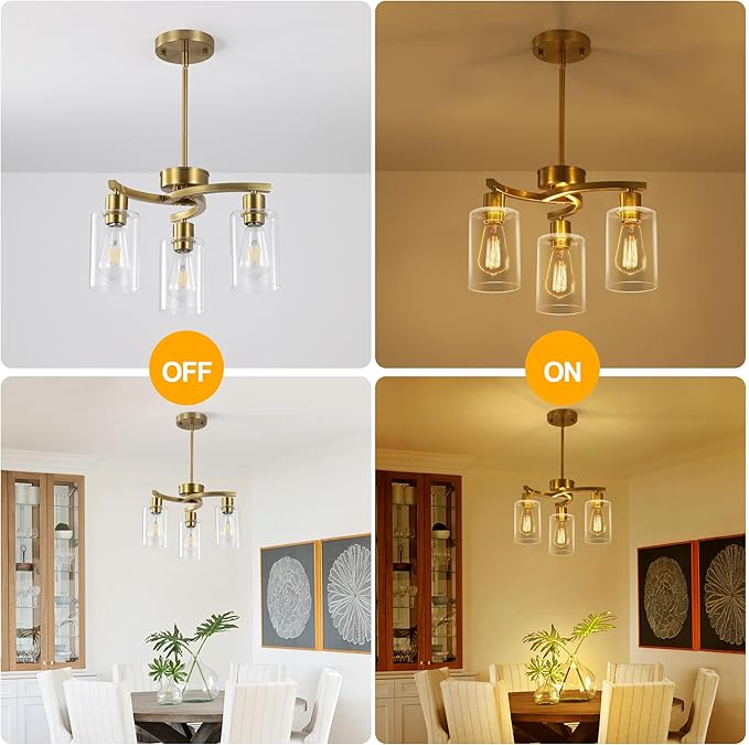 3-Light Gold Dining Room Chandeliers Over Table, Contemporary Kitchen Island Pendant Lighting, Industrial Hanging Light Fixture for Entryway Hallway Foyer Bedroom, Clear Glass Shade-Ruum Studio Home