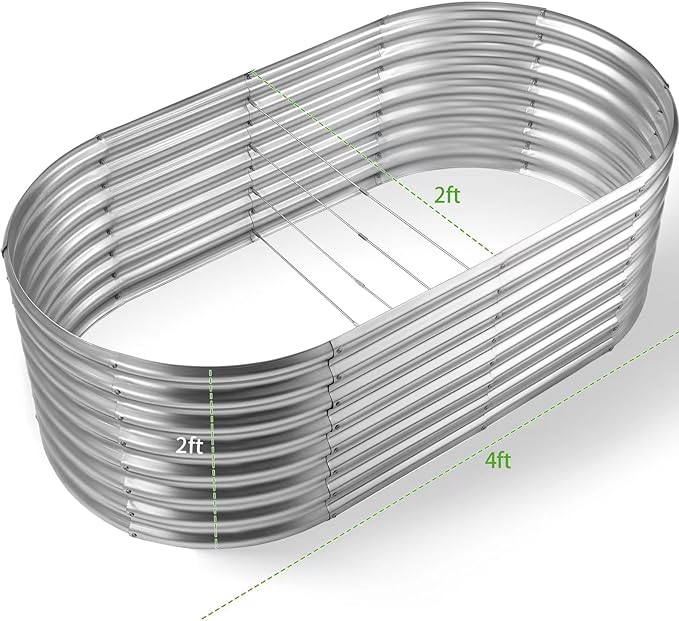 Land Guard 24“ Tall Galvanized Raised Garden Bed Kit, Galvanized Planter Garden Boxes Outdoor, Oval Large Metal Raised Garden Bed for Vegetables (Classic Silver, 4×2×2ft)-Ruum Studio Home