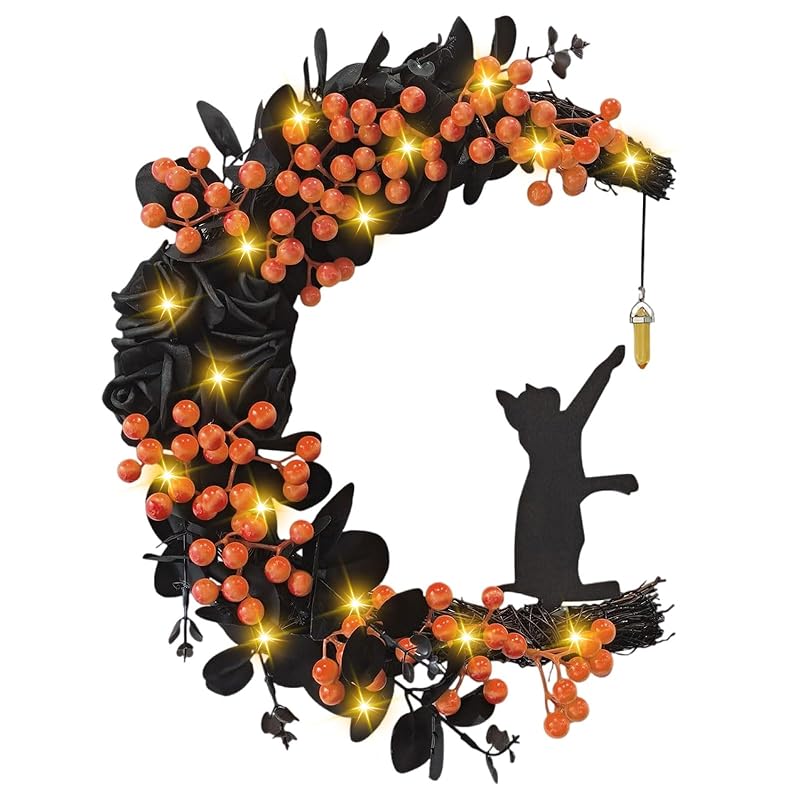 Halloween Wreaths for Front Door with Light, Black Cat Crescent Moon Wreath, Cute Cat Garland Halloween Door Decorations for Outdoor Indoor Decor Wall Window Home Party-Ruum Studio Home