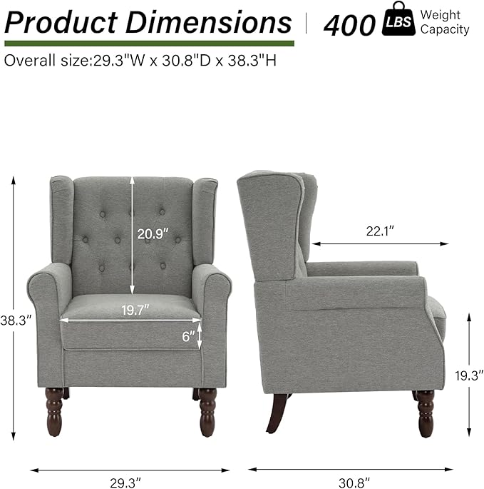 Accent Chair, Upholstered Armchair with Button Tufted High Back & Solid Wood Legs, Comfy Wingback Reading Single Sofa Chair for Small Spaces, Living Room, Bedroom (Light Grey, Set of 2)-Ruum Studio Home
