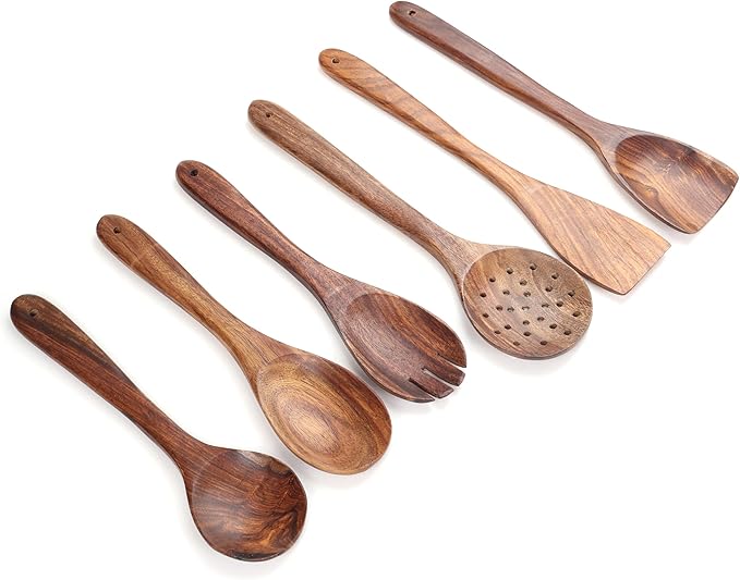 Wooden Spoons for Cooking Utensils Set with Holder, Spoon Rest & Hooks, Teak Wood Nonstick Kitchen Cookware-Ruum Studio Home