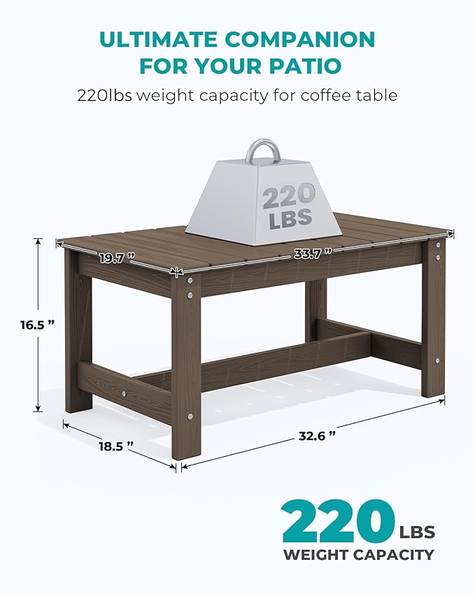 SERWALL HDPE Patio Coffee Table, Rectangle Outdoor Coffee Table, All Weather Patio Table for Deck, Pool, Balcony, Indoor or Outdoor Use, Coffee-Ruum Studio Home