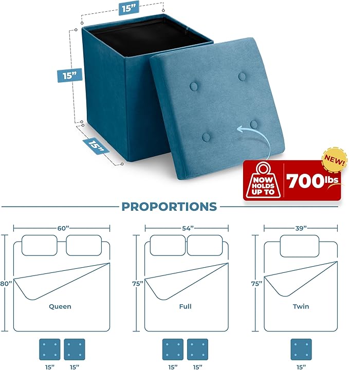 Sorbus Folding Ottoman - Foot Rest Cube, Bedroom Bench, Coffee Table, Shoe Storage, Foot Stool, Pouf - Teal Blue Suede Velvet-Ruum Studio Home