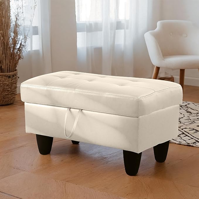 Ottoman Rectangular Storage Ottoman Bench, Faux Leather Footrest, Coffee Table, Stool Footstool with Hinged Lid for Living Room, Bedroom, Entryway, Champagne, 35"x23.5"x17.5"-Ruum Studio Home
