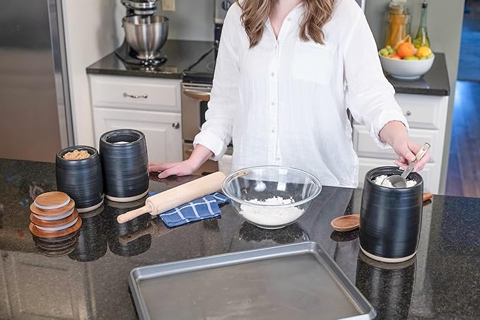 Nat & Jules Lidded Black 6 inch Ceramic and Wood Kitchen Canisters Set of 3-Ruum Studio Home