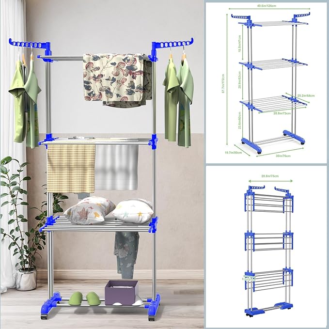 Bigzzia Clothes Drying Rack, 67.7 Inch Laundry Drying Rack with Foldable Base, 4 Tier Stainless Steel Drying Rack Clothing, Movable Laundry Rack for Indoor Outdoor-Blue-Ruum Studio Home