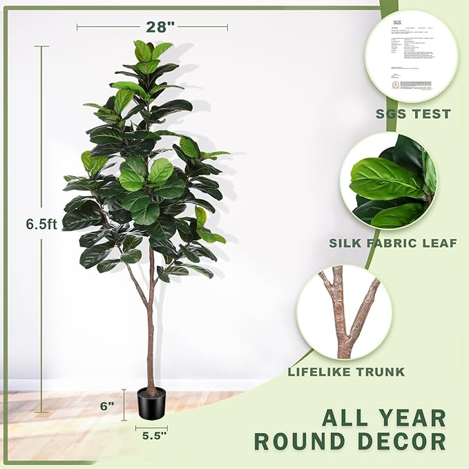 Artificial Fiddle Leaf Fig Tree - 6.5ft Faux Ficus Lyrata Plant with 108 Fiddle Leaves Fake Fig Silk Tree in Pot Artificial Tree for Indoor Outdoor Home Office Perfect Housewarming-Ruum Studio Home
