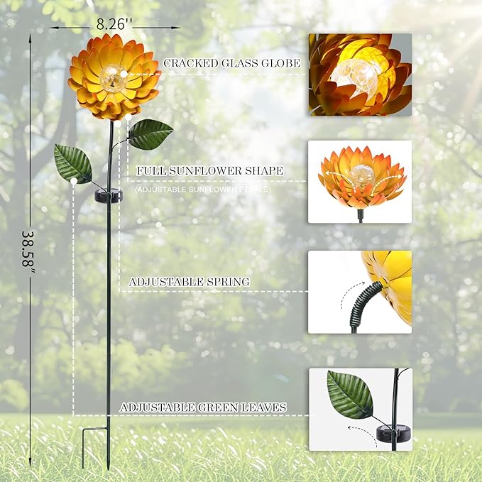 VCUTEKA Solar Garden Lights Metal Flower Decor Colorful Yellow Flowers Solar Pathway Light with LED Cracked Crystal Ball Outdoor Decorative Stake for Patio Yard Lawn-Ruum Studio Home