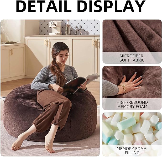 Bean Bag Chair 3Ft, Memory Foam Filled, Large Beanbag Chairs for Adults and Teens, Soft Sofa with Removable Flannel Cover, Round Couch for Living Room Bedroom College Dorm (Brown, 3FT-36×36"×24")-Ruum Studio Home
