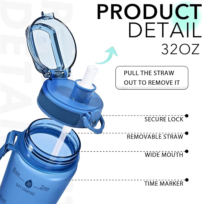 32oz Motivational Water Bottles with Time Marker & Fruit Strainer, Transparent Gradient Color Water Bottle with Times to Drink, Leakproof & BPA Free, Reusable Bottle with Strap (No Straw)-Ruum Studio Home