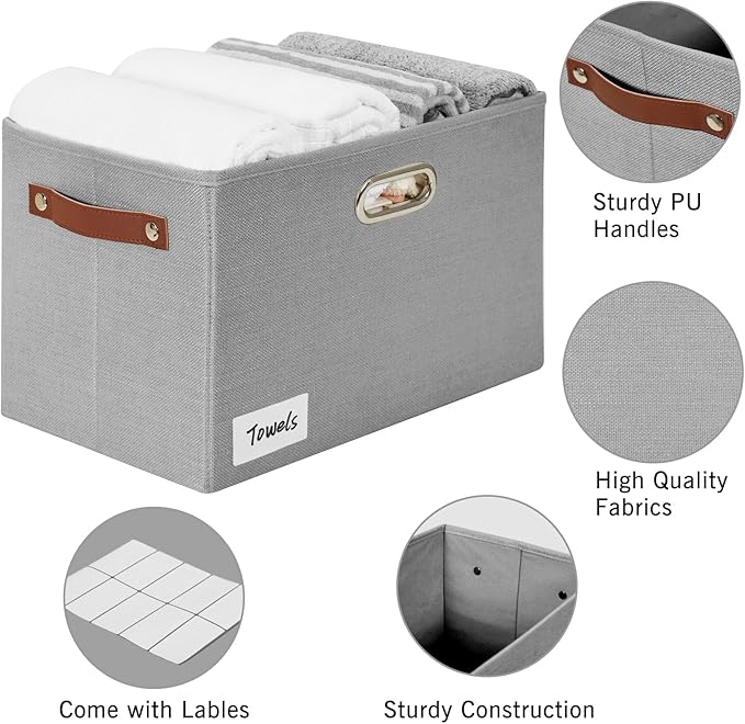 Large 3-Pack Foldable Fabric Storage Bins with Durable PU & Metal Handles, Collapsible Storage Baskets for Shelves, Home Storage, Closet Organizers, Living Room(14.9"x9.8"x9.8", Grey)-Ruum Studio Home