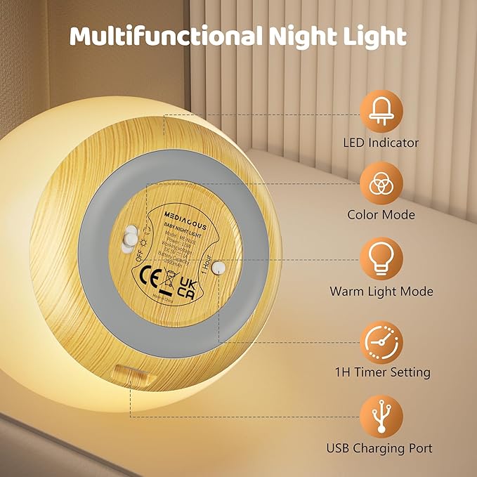 MediAcous Night Lights for Kids Room, Baby Night Light with 7 Colors Changing & Dimming Function, Rechargeable Kids Night Light with 1 Hour Timer & Touch Control, Up to 100H, Wood Grain-Ruum Studio Home