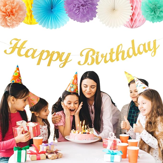 Pastel-Rainbow Colorful Birthday Party-Decorations Paper-Flowers - 14pcs Happy Banner Carnival Theme Lanterns Tissue Pom Poms,Macaron Streamers Garland Fans Honeycomb Hanging Supplies Decor Hugfond-Ruum Studio Home